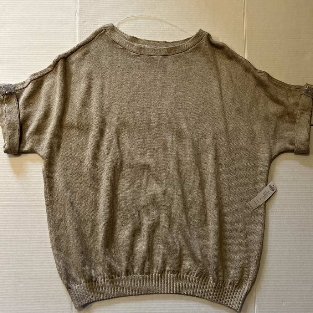 Chicos Womens Beige Linen Blend Knit Sweater Beaded Accent On Sleeve Size 4 XXL